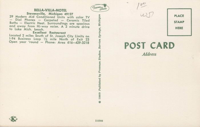 Bella-Villa Motel and Restaurant (Bella Villa Motel, Super 8 by Wyndham, Park Inn) - Old Postcard
